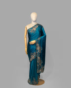 TEAL BLUE OXIDISED HANDWORK DESIGNER SILK SAREE