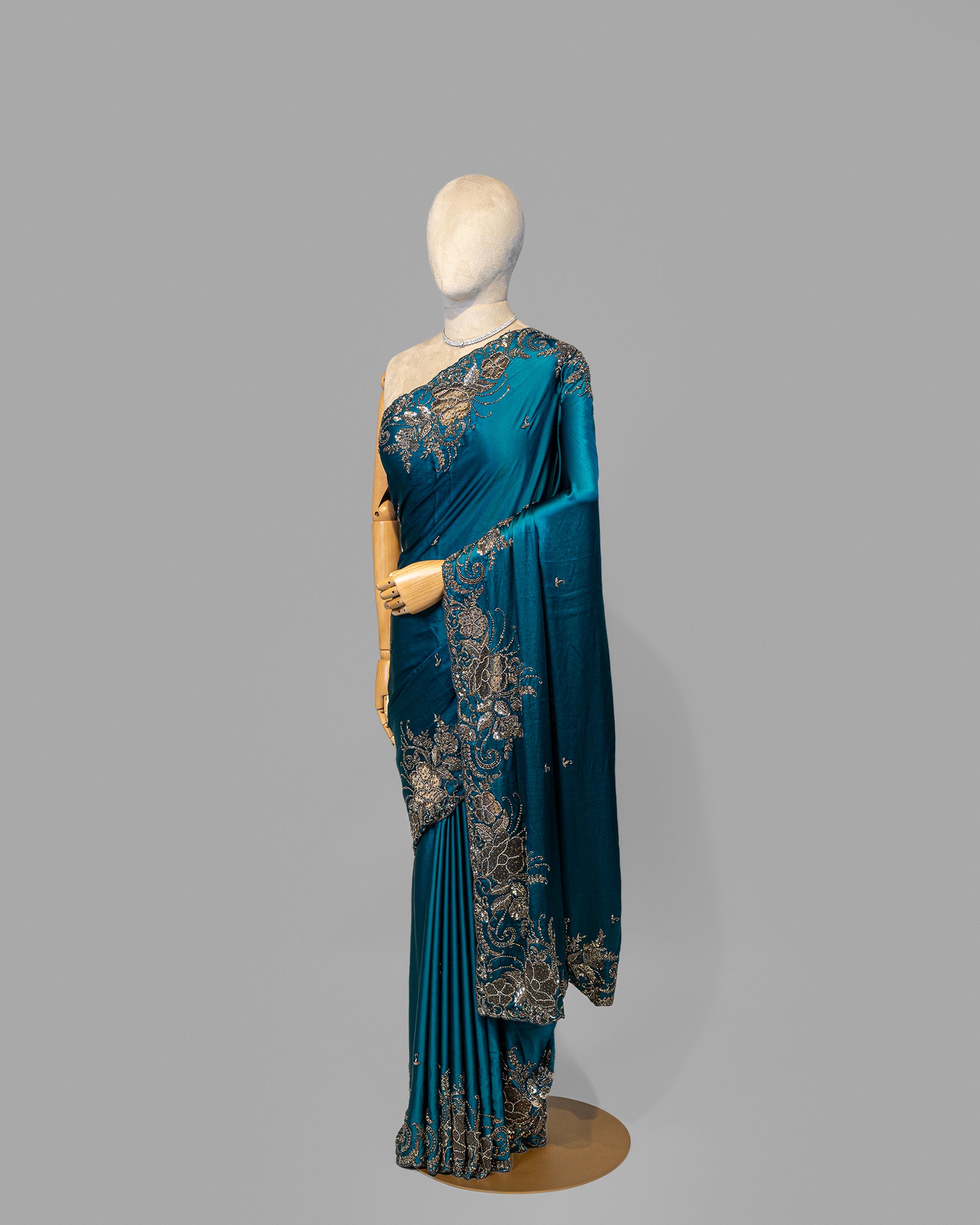 TEAL BLUE OXIDISED HANDWORK DESIGNER SILK SAREE