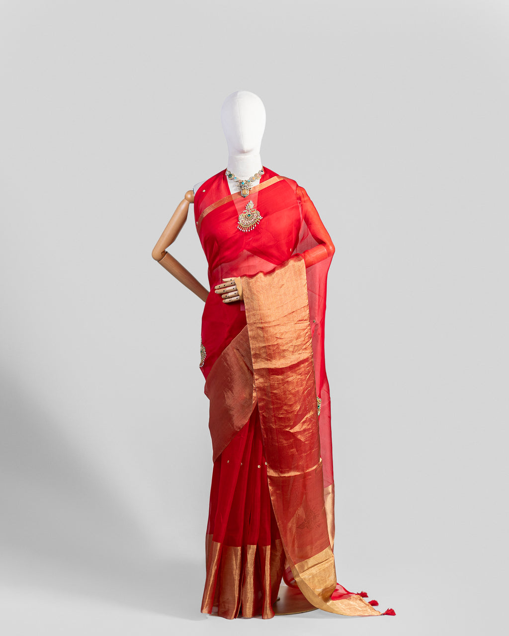 CADMIUM RED ORGANZA SILK SAREE