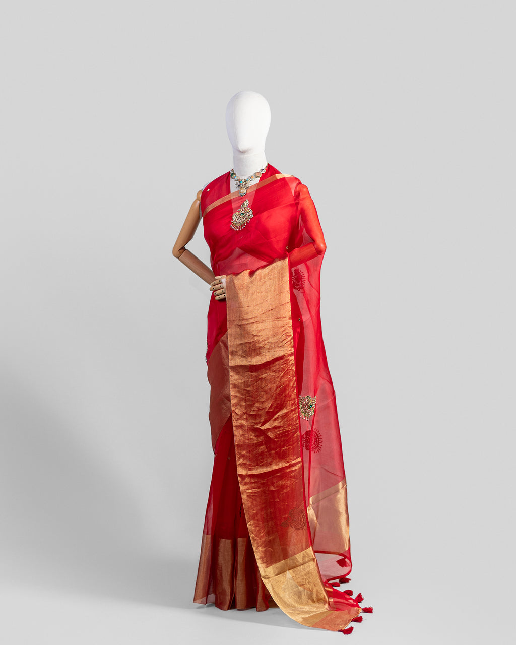 CADMIUM RED ORGANZA SILK SAREE