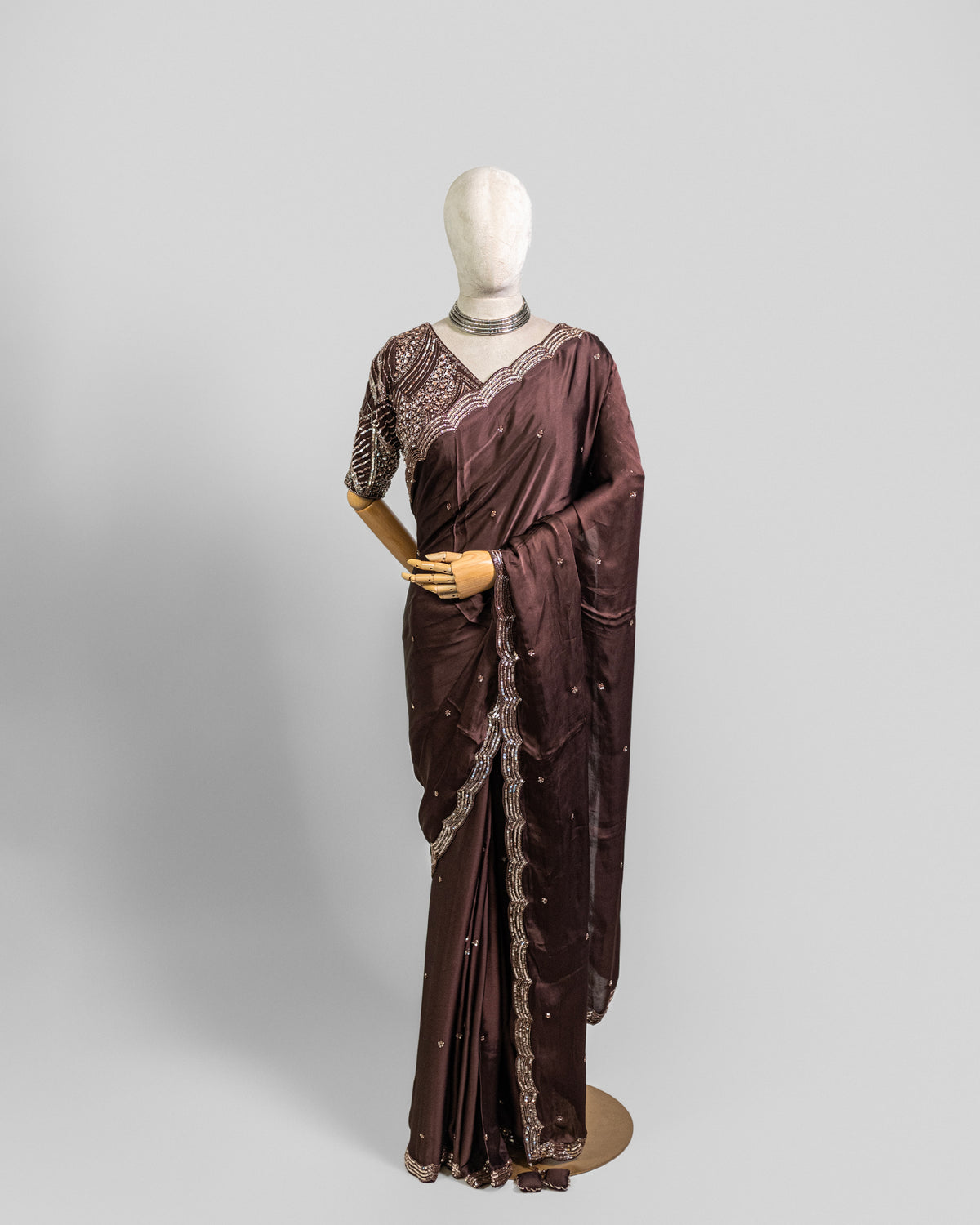 DARK BROWN EMBROIDERED SOFT SILK SAREE
