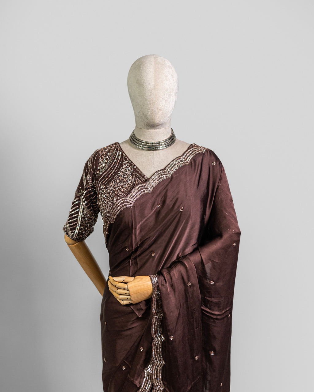 DARK BROWN EMBROIDERED SOFT SILK SAREE