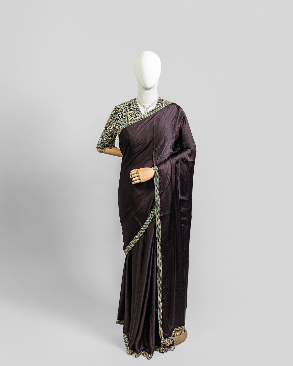 DARK BROWN EMBROIDERED SOFT SILK SAREE