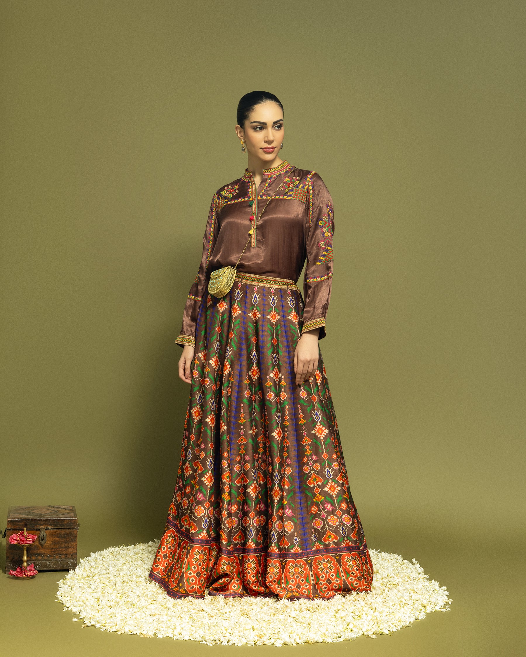 BROWN PATOLA SKIRT SET