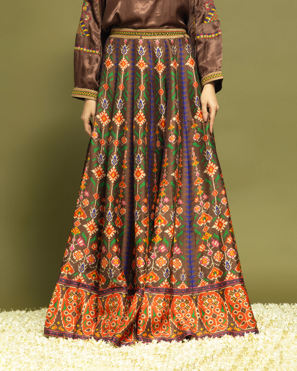 BROWN PATOLA SKIRT SET