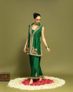 BOTTLE GREEN EMBROIDERED LAPEL JACKET WITH WIDE LEG PANT