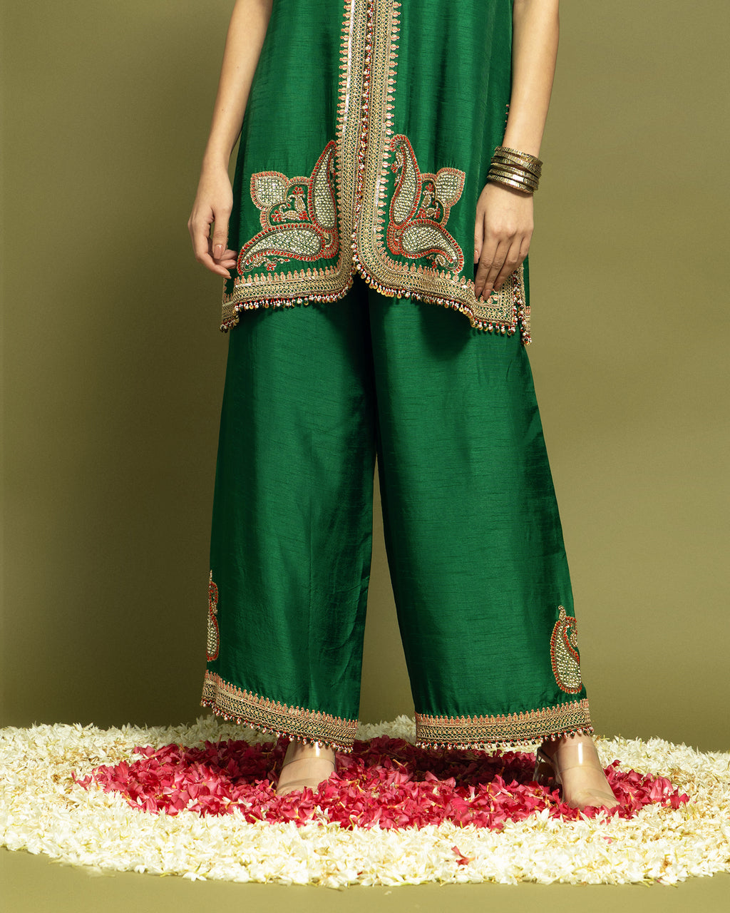 BOTTLE GREEN EMBROIDERED LAPEL JACKET WITH WIDE LEG PANT