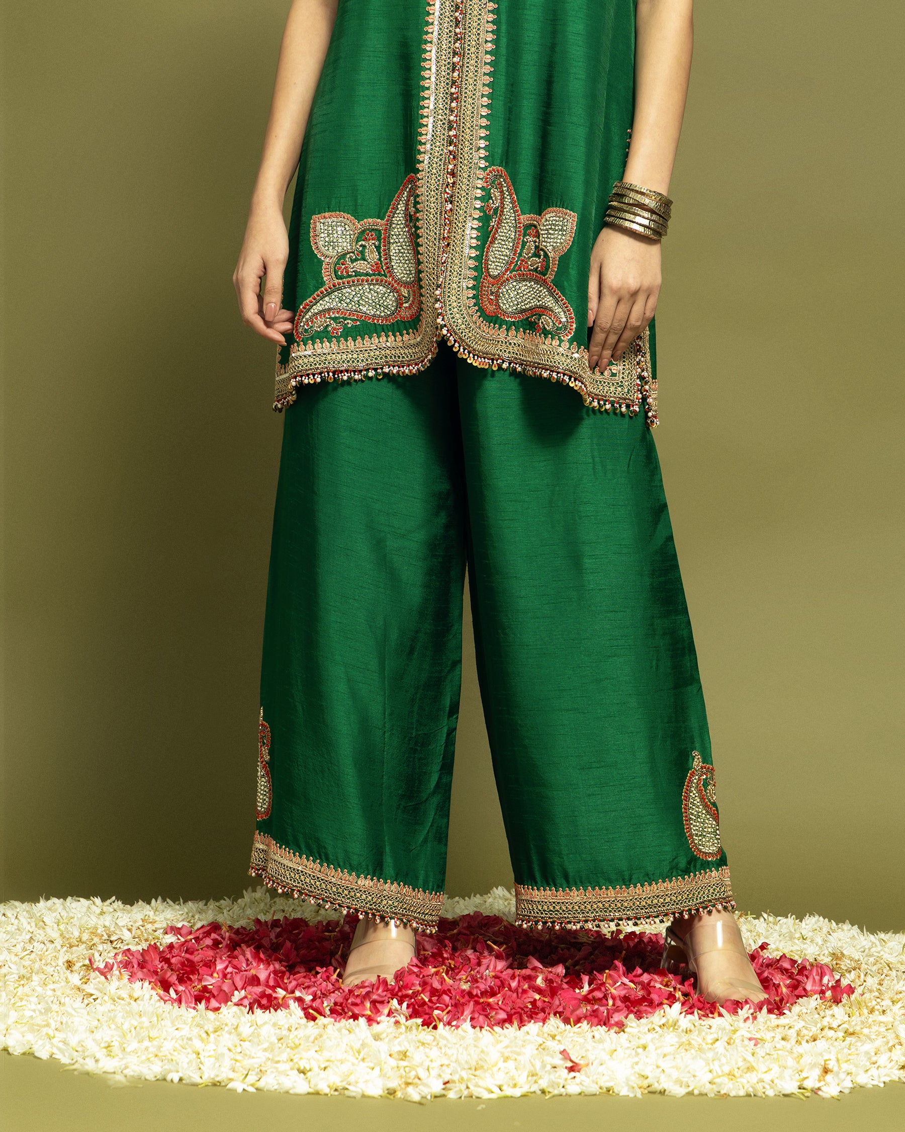 BOTTLE GREEN EMBROIDERED LAPEL JACKET WITH WIDE LEG PANT