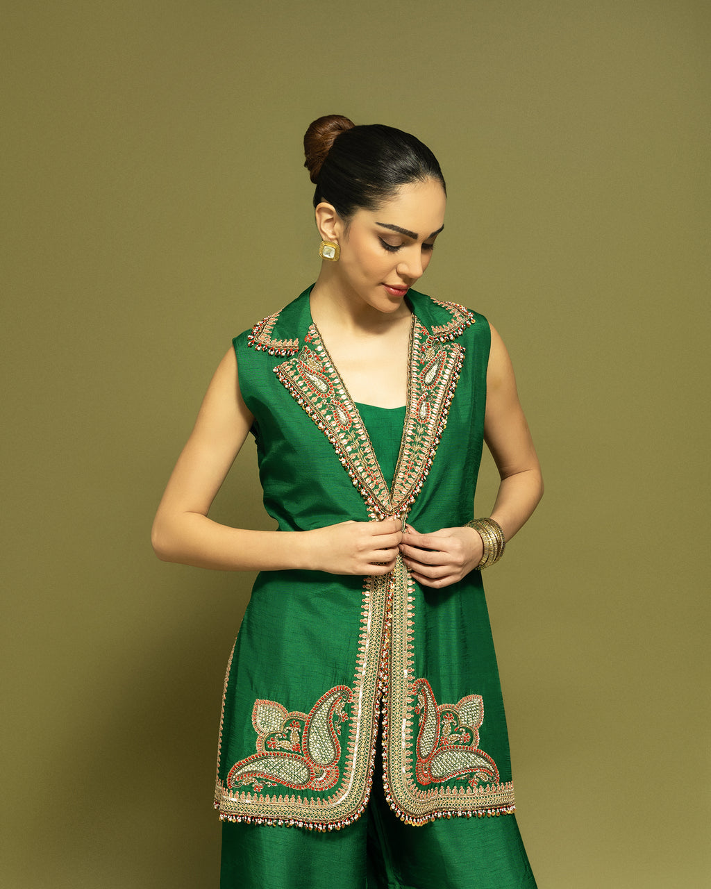 BOTTLE GREEN EMBROIDERED LAPEL JACKET WITH WIDE LEG PANT