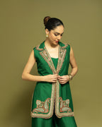 BOTTLE GREEN EMBROIDERED LAPEL JACKET WITH WIDE LEG PANT