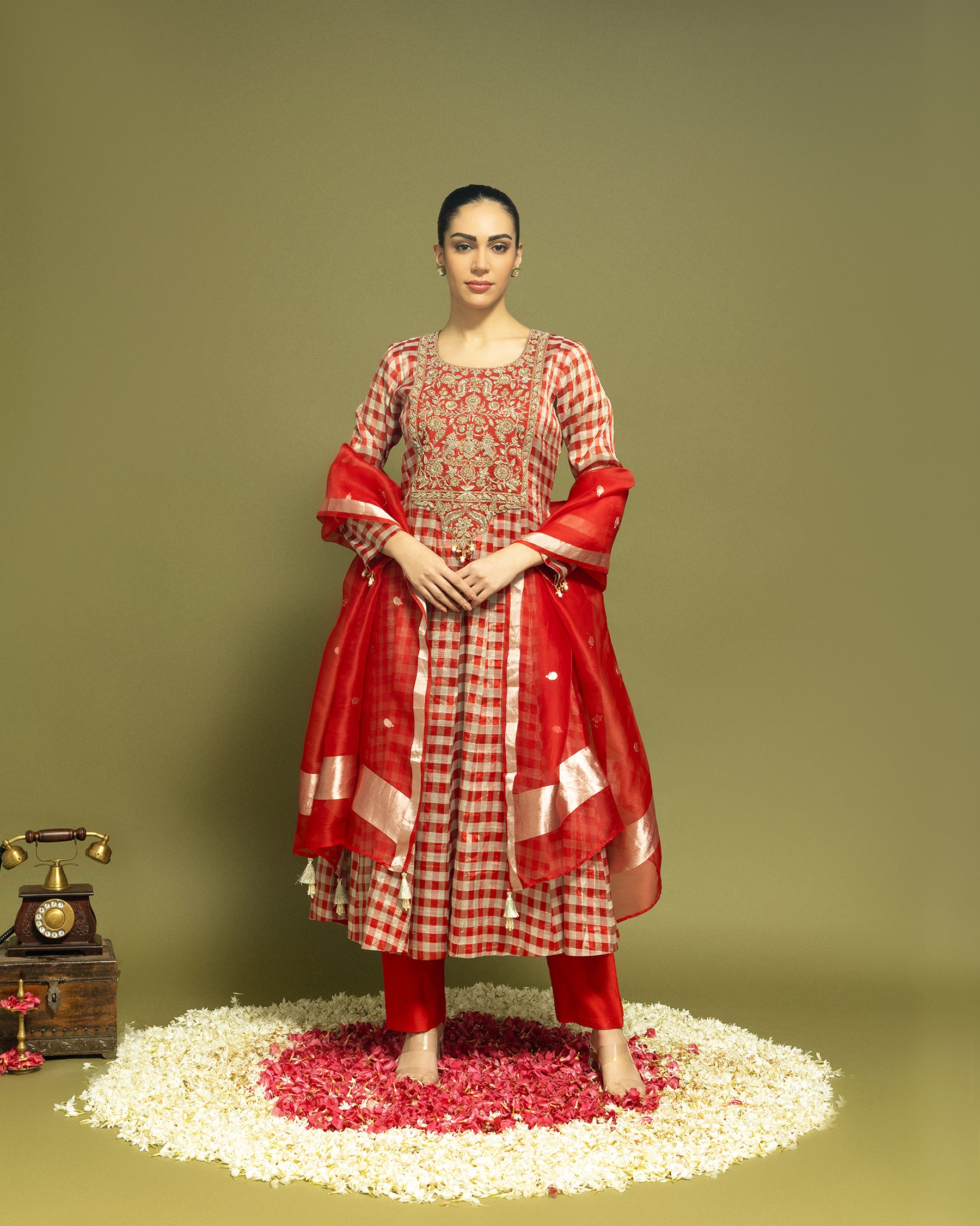 RED TISSUE ZARDOZI ANARKALI SUIT SET