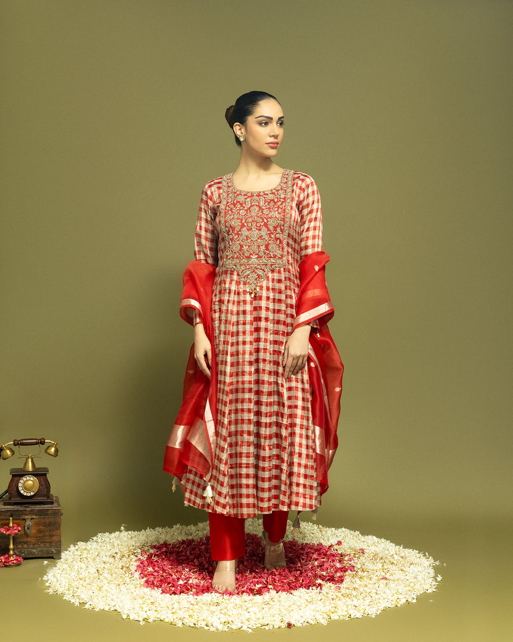 RED TISSUE ZARDOZI ANARKALI SUIT SET