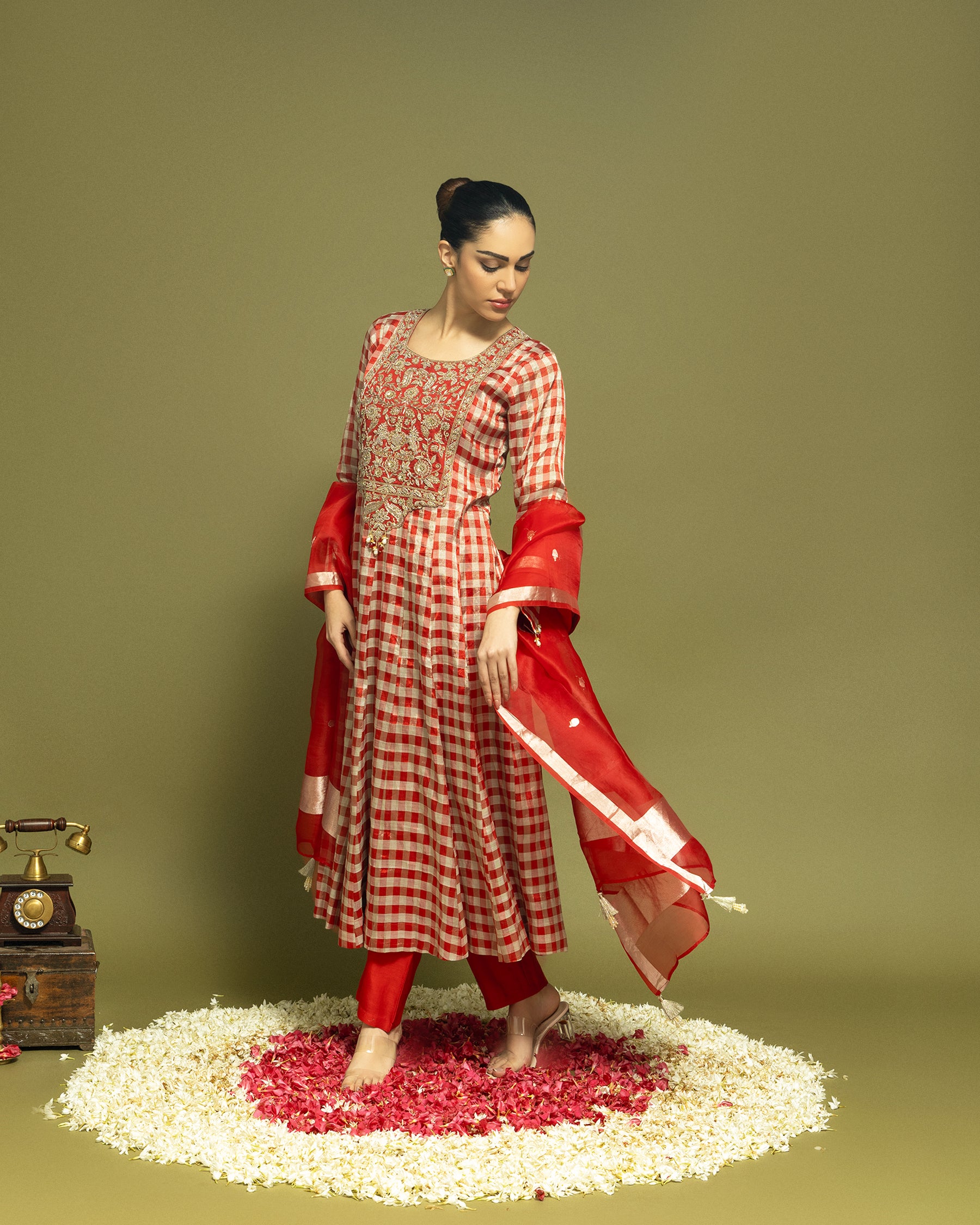 RED TISSUE ZARDOZI ANARKALI SUIT SET