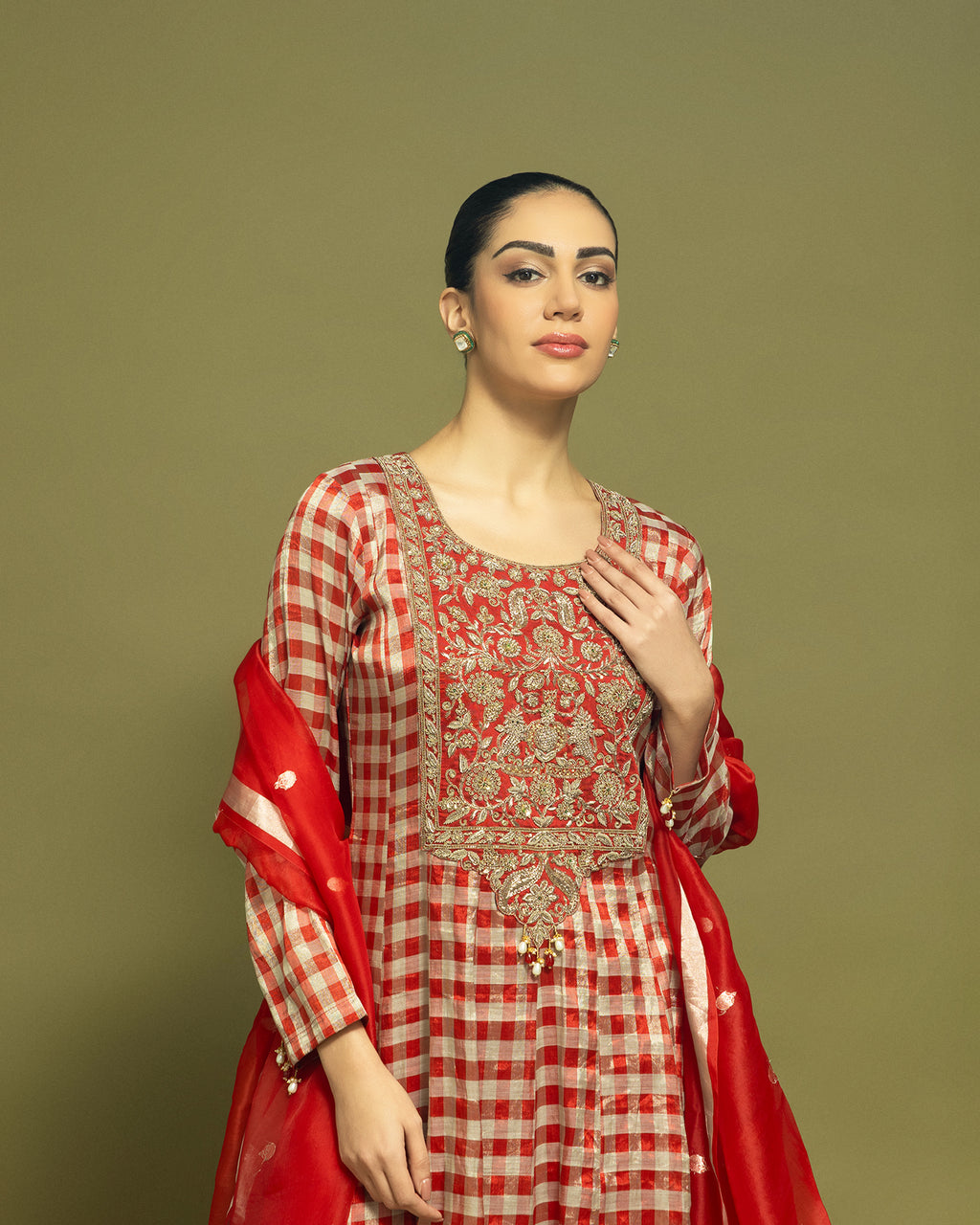 RED TISSUE ZARDOZI ANARKALI SUIT SET