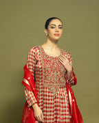 RED TISSUE ZARDOZI ANARKALI SUIT SET