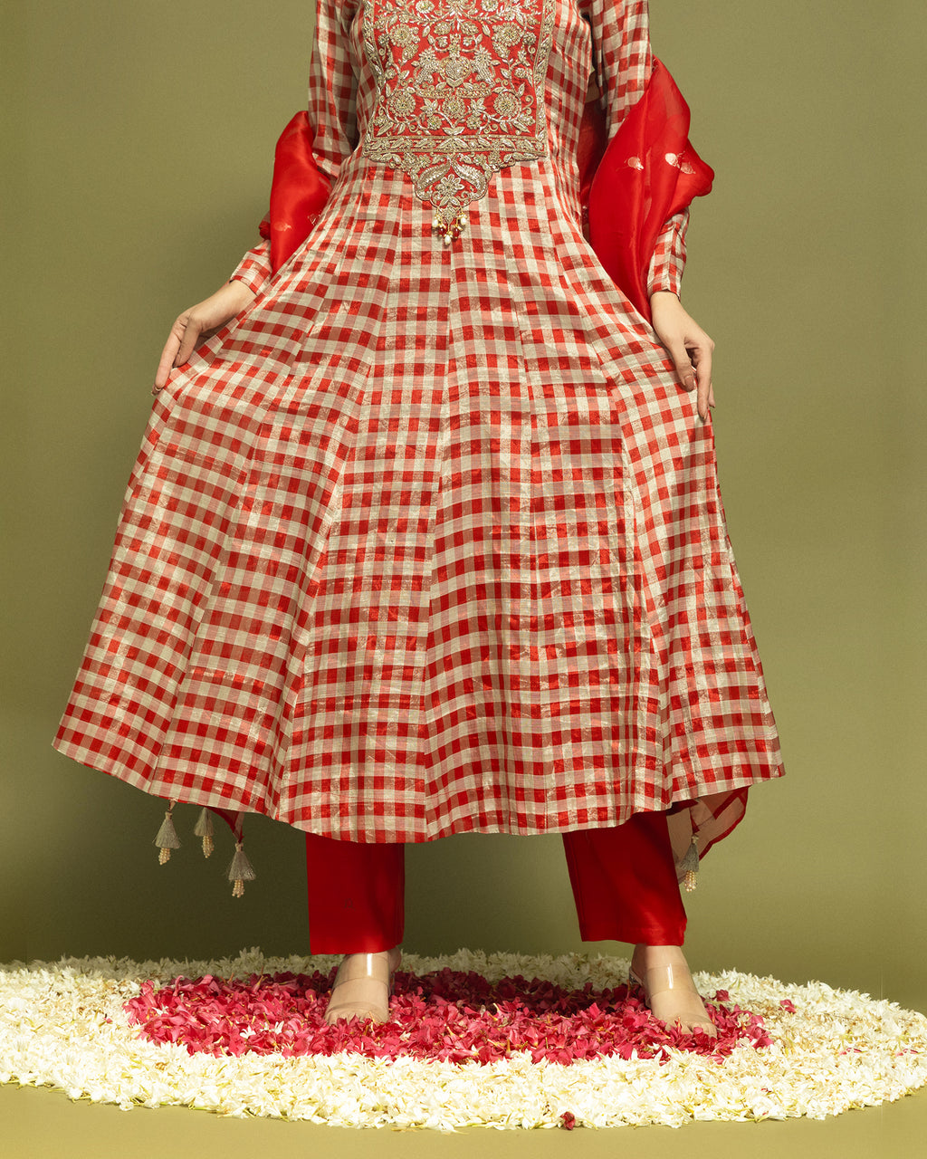 RED TISSUE ZARDOZI ANARKALI SUIT SET