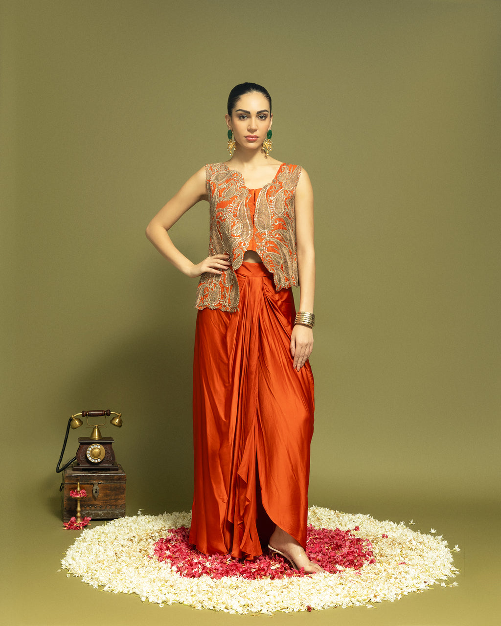 RUST ORANGE INDO WESTERN DRAPED SKIRT SET