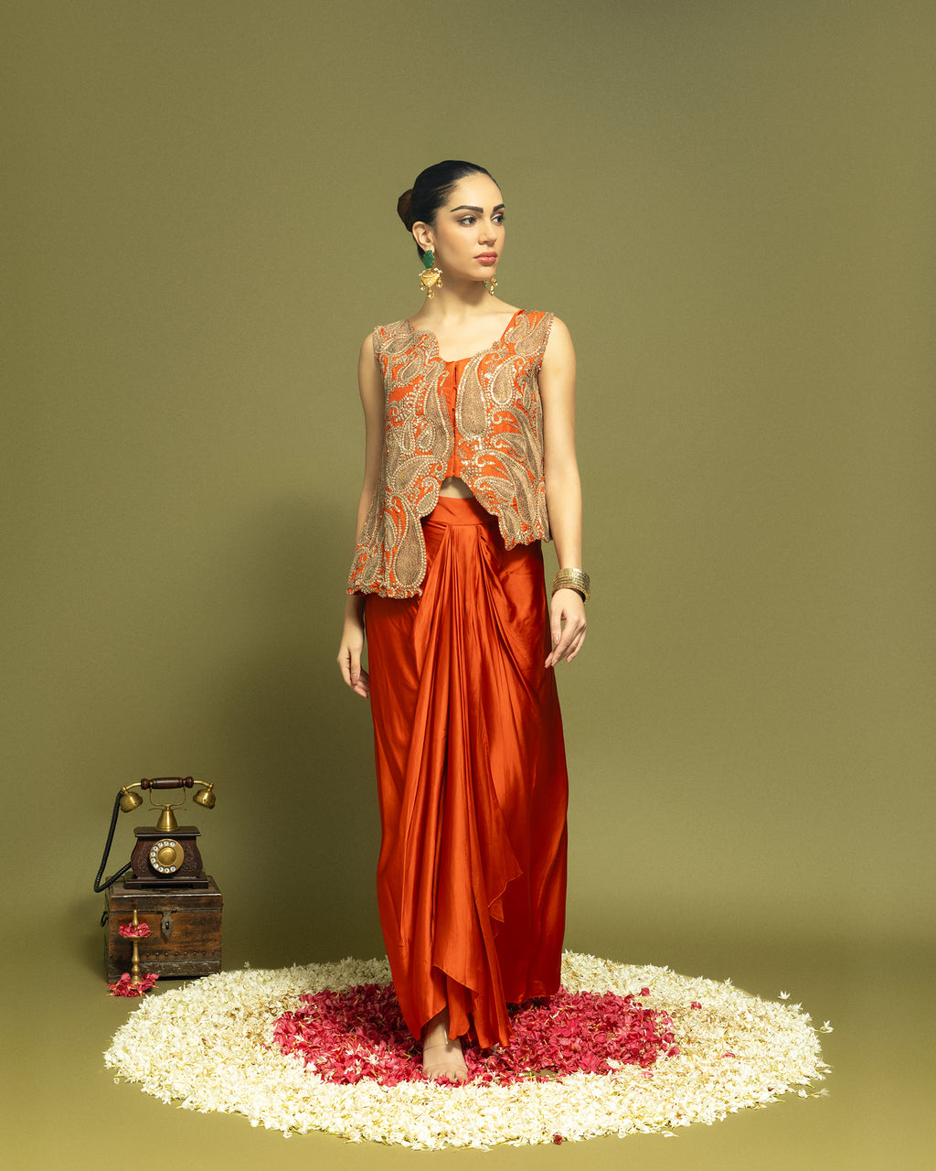 RUST ORANGE INDO WESTERN DRAPED SKIRT SET
