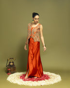 RUST ORANGE INDO WESTERN DRAPED SKIRT SET