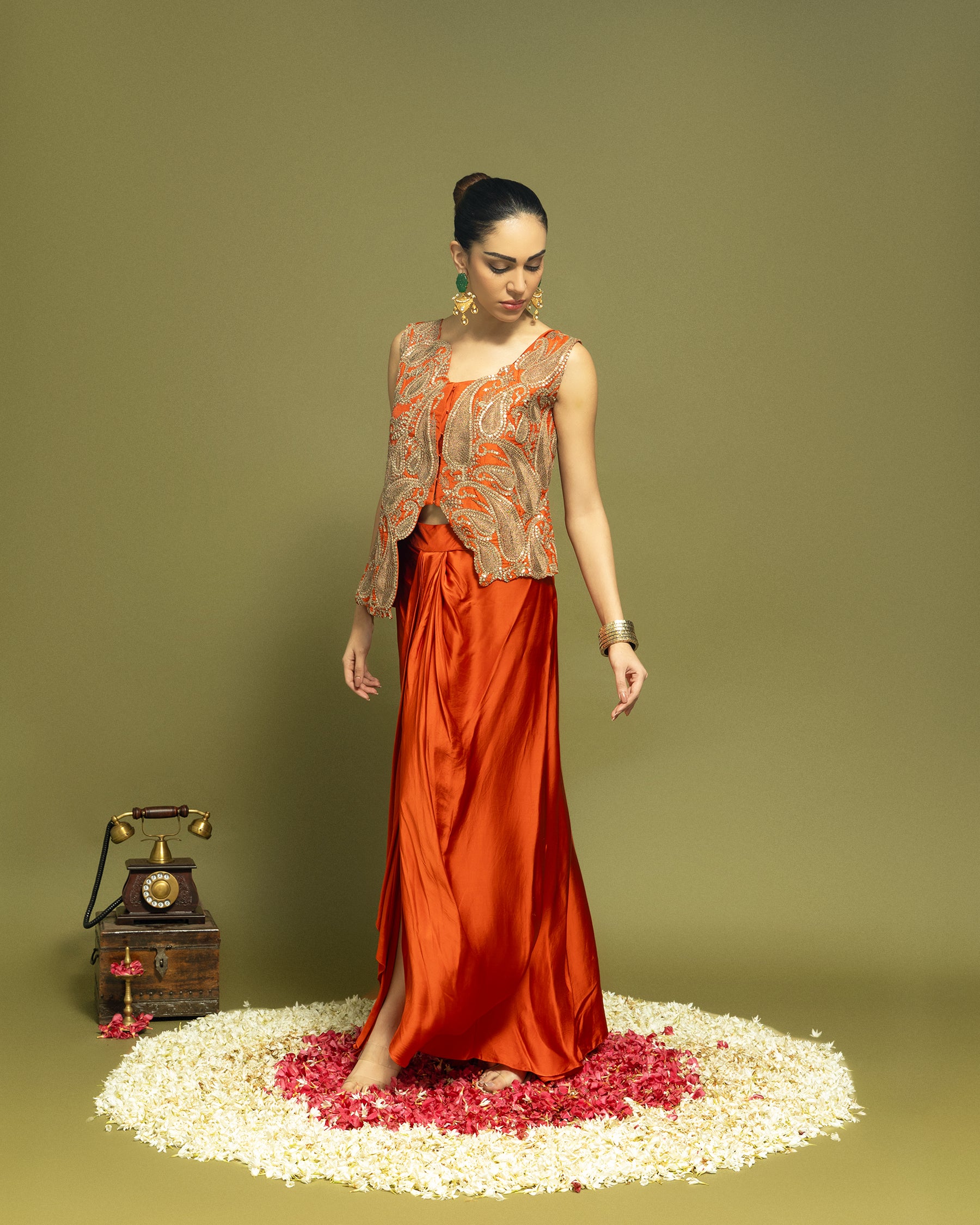 RUST ORANGE INDO WESTERN DRAPED SKIRT SET