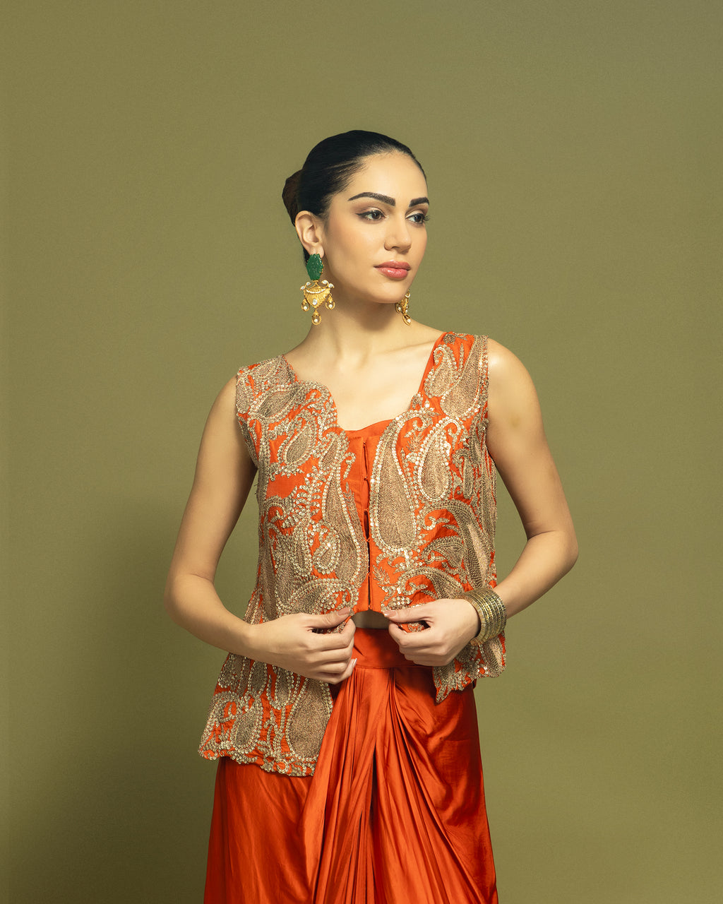 RUST ORANGE INDO WESTERN DRAPED SKIRT SET