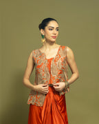 RUST ORANGE INDO WESTERN DRAPED SKIRT SET