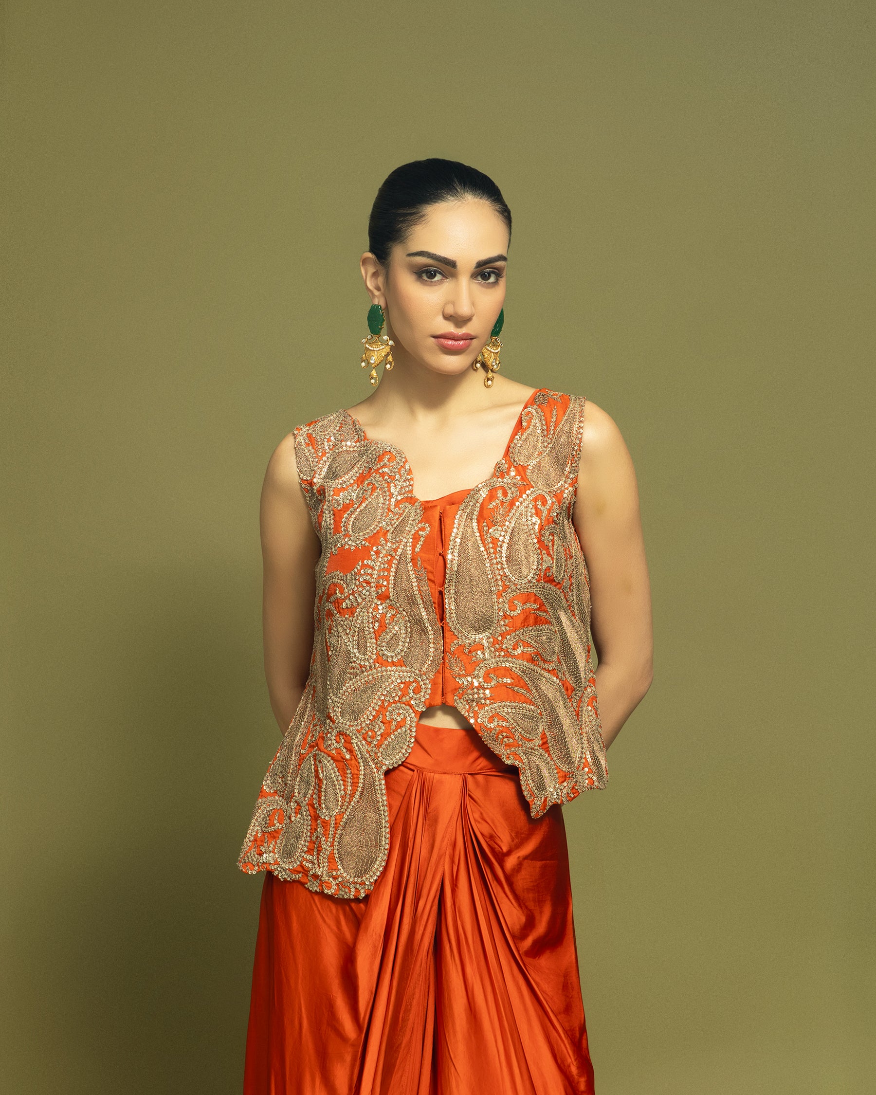 RUST ORANGE INDO WESTERN DRAPED SKIRT SET