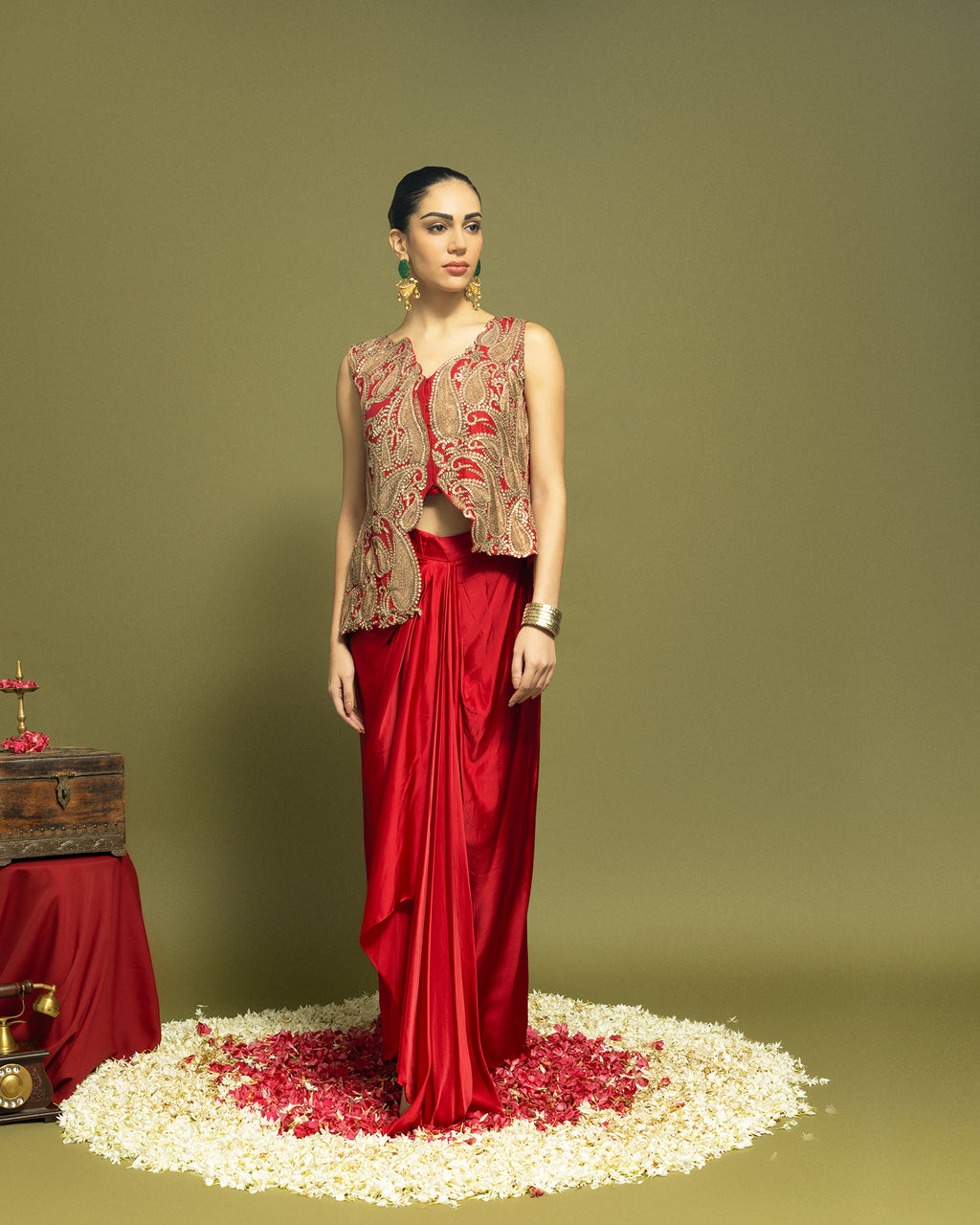 CRIMSON RED INDO WESTERN DRAPED SKIRT SET