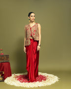 CRIMSON RED INDO WESTERN DRAPED SKIRT SET
