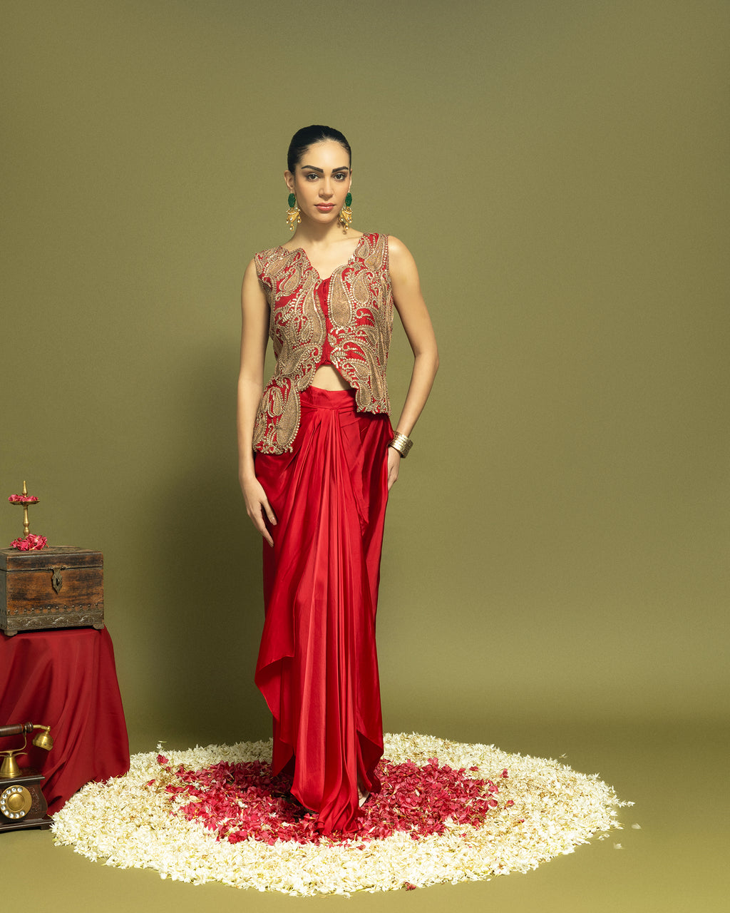 CRIMSON RED INDO WESTERN DRAPED SKIRT SET