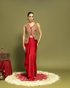 CRIMSON RED INDO WESTERN DRAPED SKIRT SET