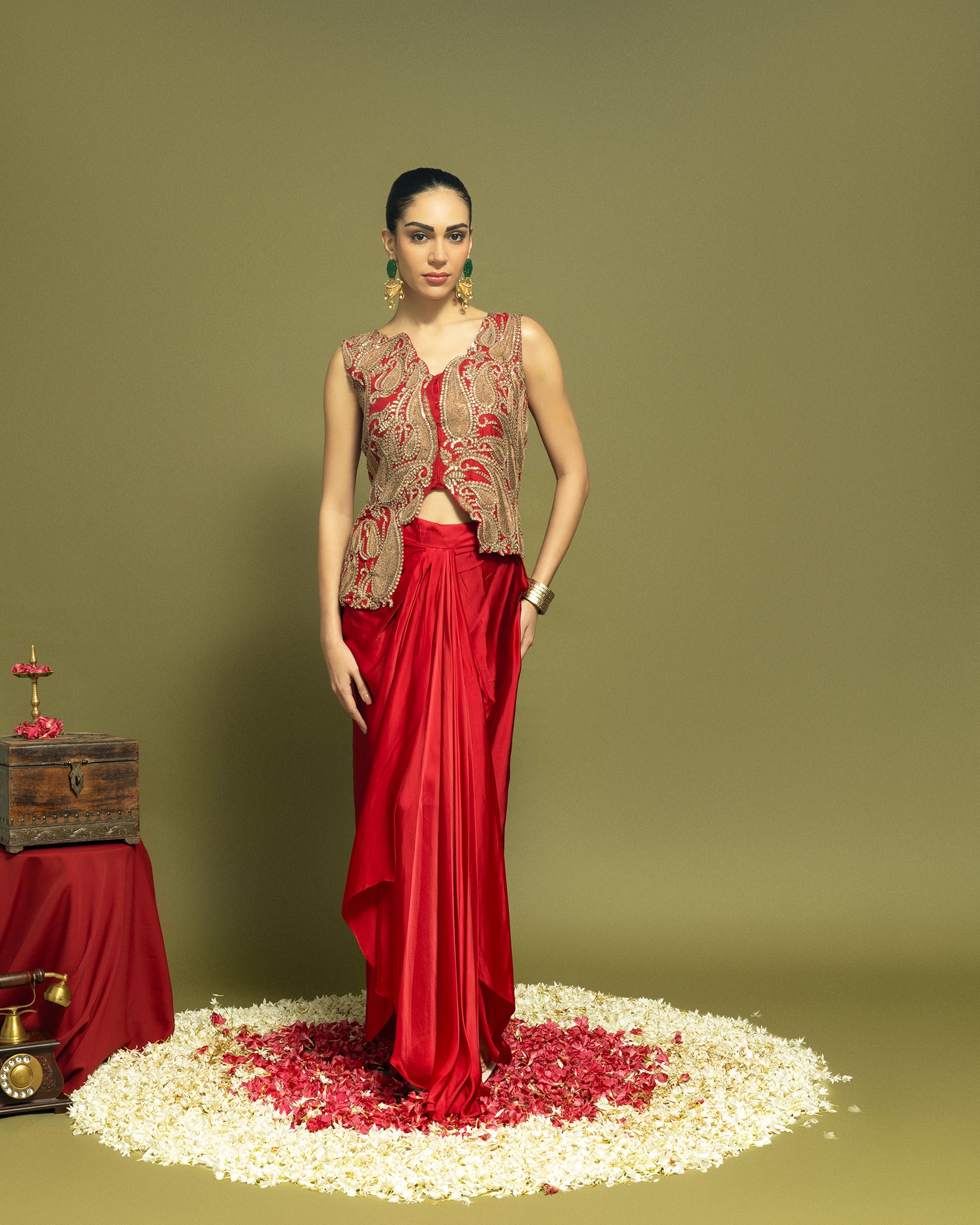 CRIMSON RED INDO WESTERN DRAPED SKIRT SET