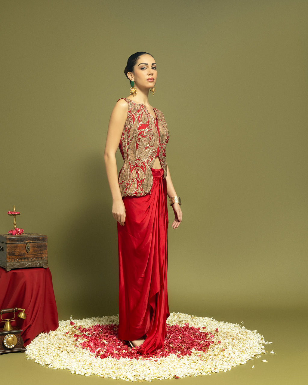 CRIMSON RED INDO WESTERN DRAPED SKIRT SET