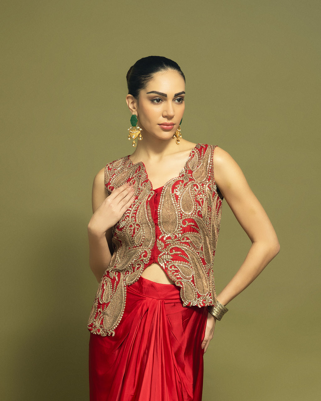 CRIMSON RED INDO WESTERN DRAPED SKIRT SET