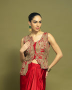 CRIMSON RED INDO WESTERN DRAPED SKIRT SET