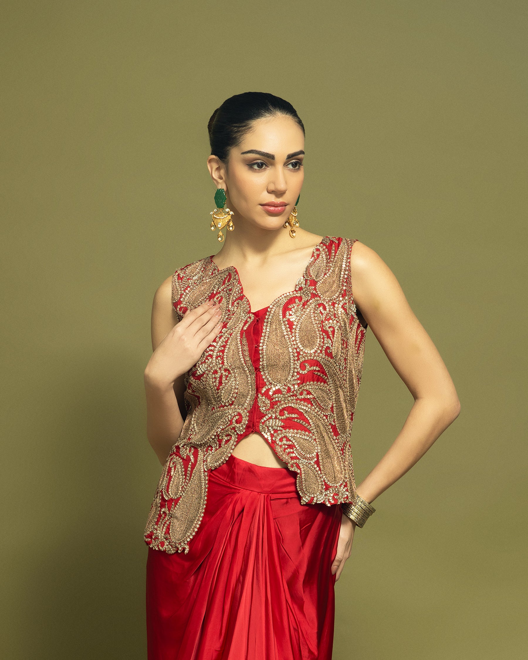 CRIMSON RED INDO WESTERN DRAPED SKIRT SET