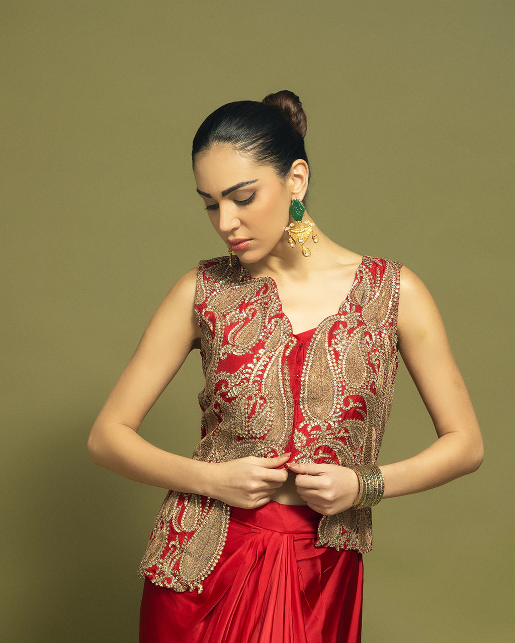 CRIMSON RED INDO WESTERN DRAPED SKIRT SET