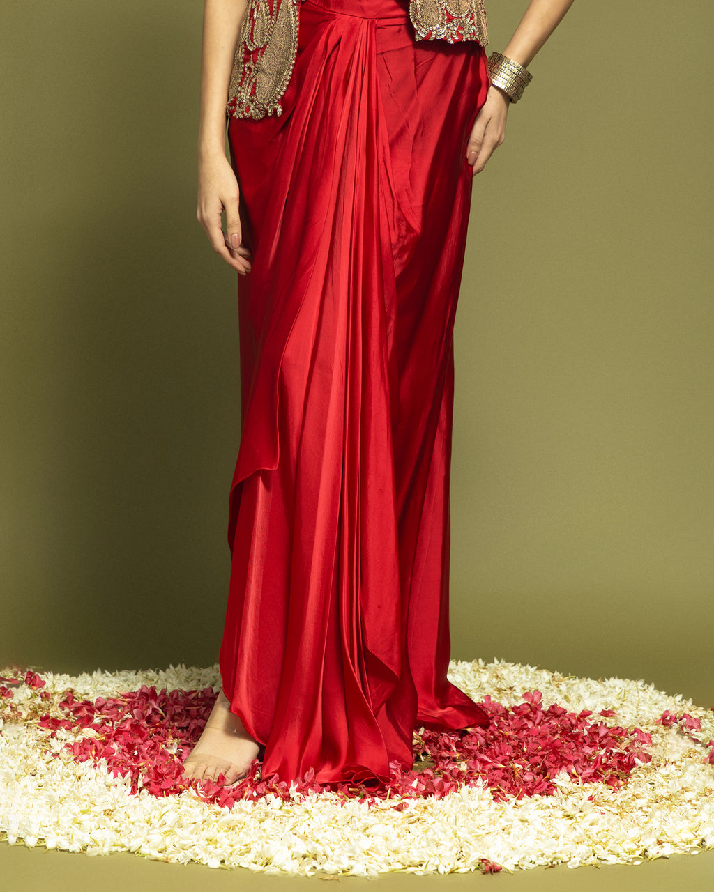CRIMSON RED INDO WESTERN DRAPED SKIRT SET