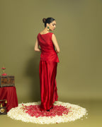 CRIMSON RED INDO WESTERN DRAPED SKIRT SET