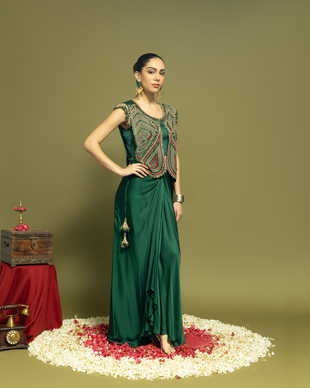 BOTTLE GREEN ANTIQUE ZARDOZI DRAPED SKIRT ENSEMBLE