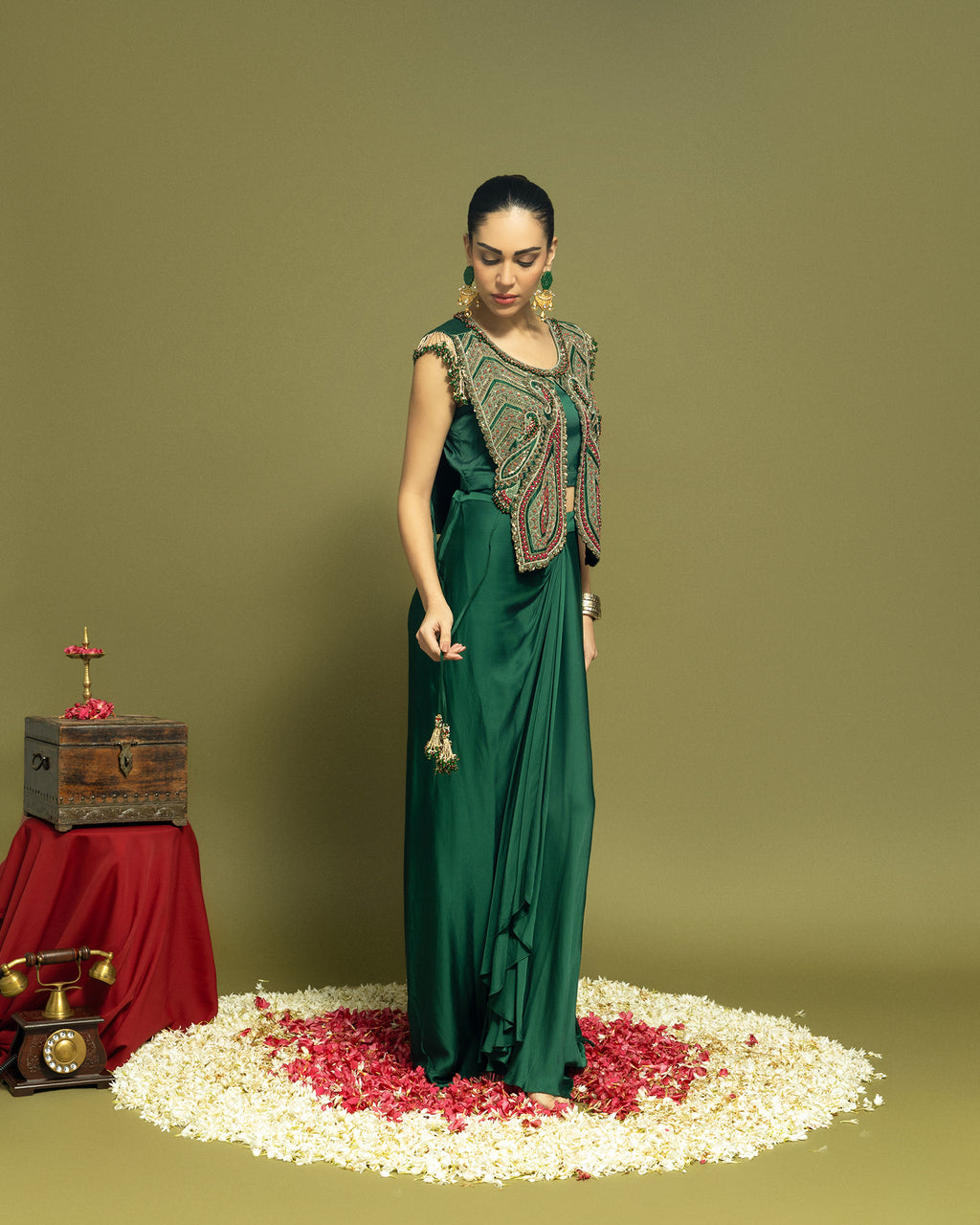 BOTTLE GREEN ANTIQUE ZARDOZI DRAPED SKIRT ENSEMBLE