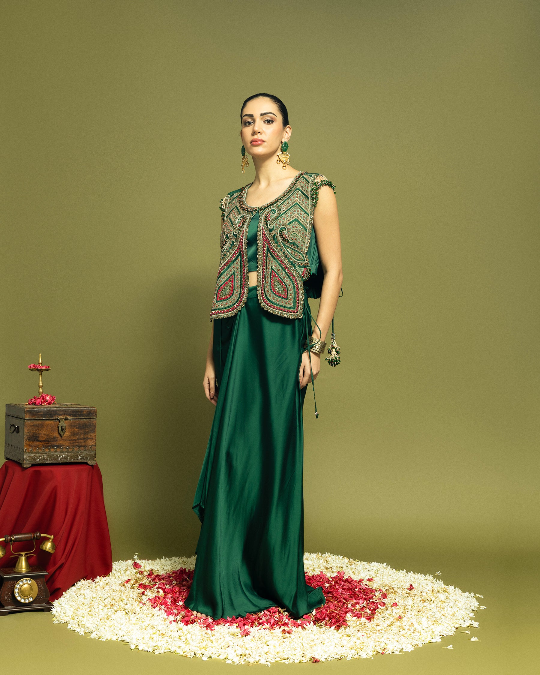 BOTTLE GREEN ANTIQUE ZARDOZI DRAPED SKIRT ENSEMBLE