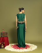 BOTTLE GREEN ANTIQUE ZARDOZI DRAPED SKIRT ENSEMBLE