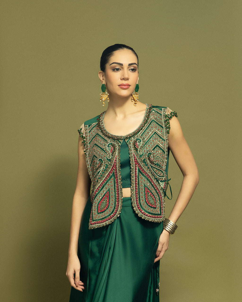 BOTTLE GREEN ANTIQUE ZARDOZI DRAPED SKIRT ENSEMBLE