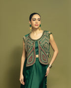 BOTTLE GREEN ANTIQUE ZARDOZI DRAPED SKIRT ENSEMBLE
