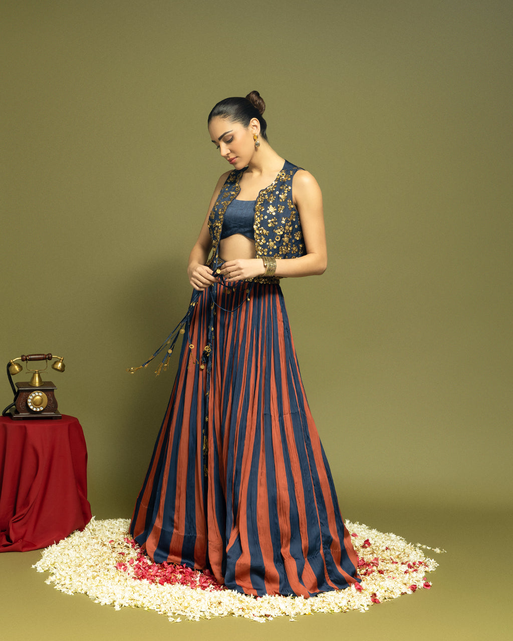 STRIPED INDO WESTERN JACKET AND SKIRT SET