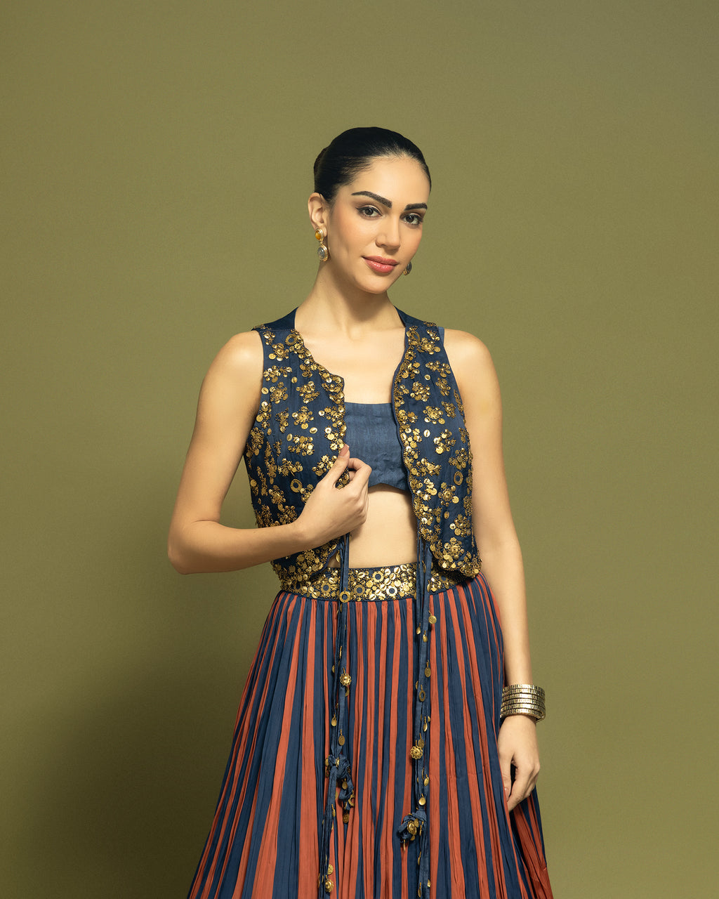 STRIPED INDO WESTERN JACKET AND SKIRT SET