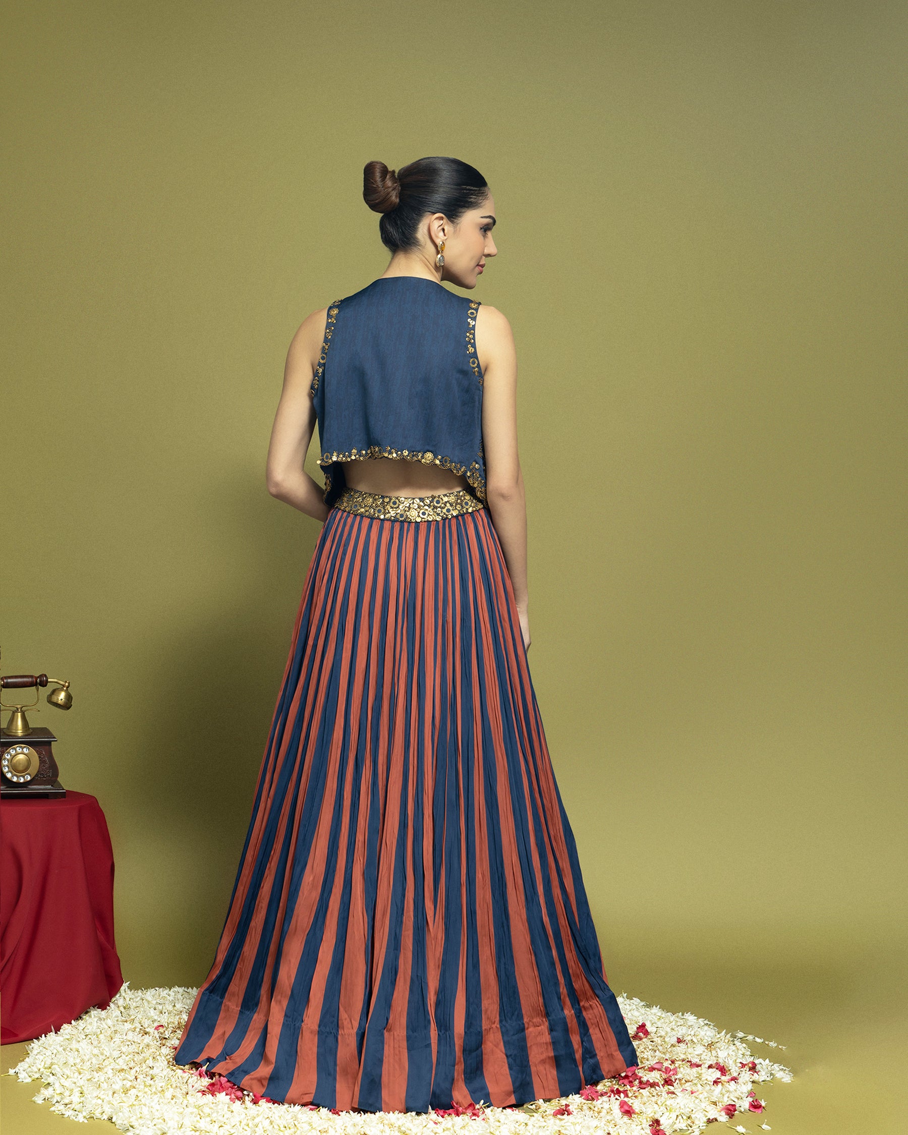 STRIPED INDO WESTERN JACKET AND SKIRT SET