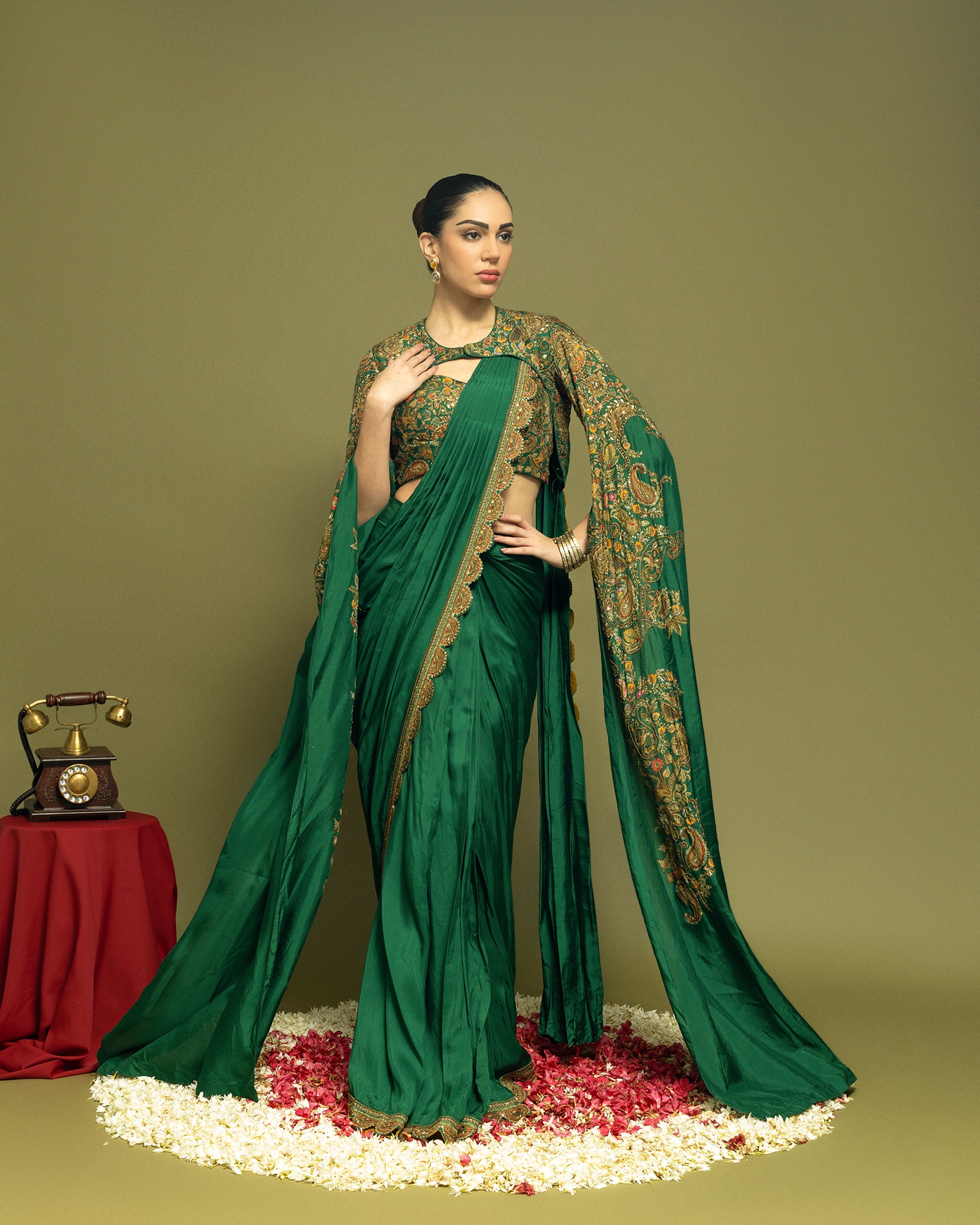 BOTTLE GREEN PRE-DRAPED SAREE WITH CAPE