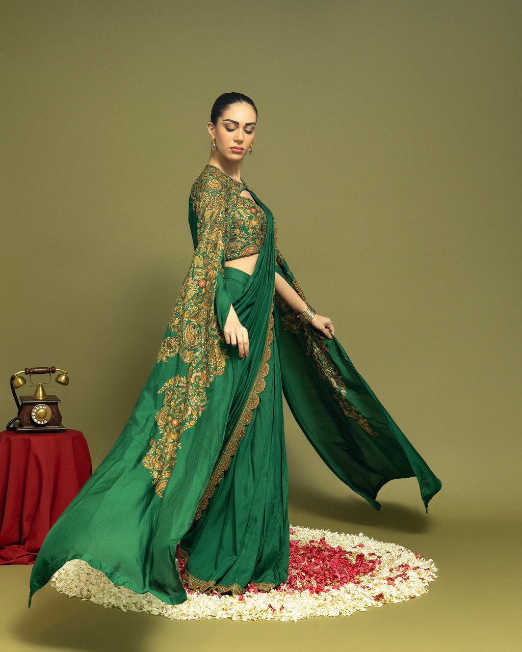 BOTTLE GREEN PRE-DRAPED SAREE WITH CAPE